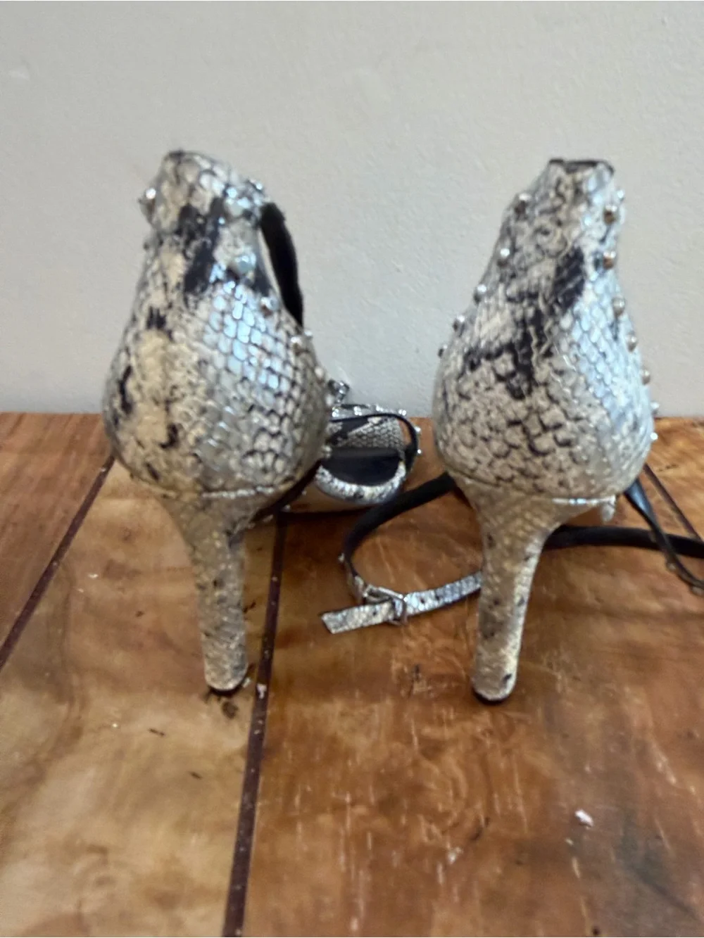 Vince Camuto Crystal-Embellished Silver Snake-Print Ankle-Strap Heel